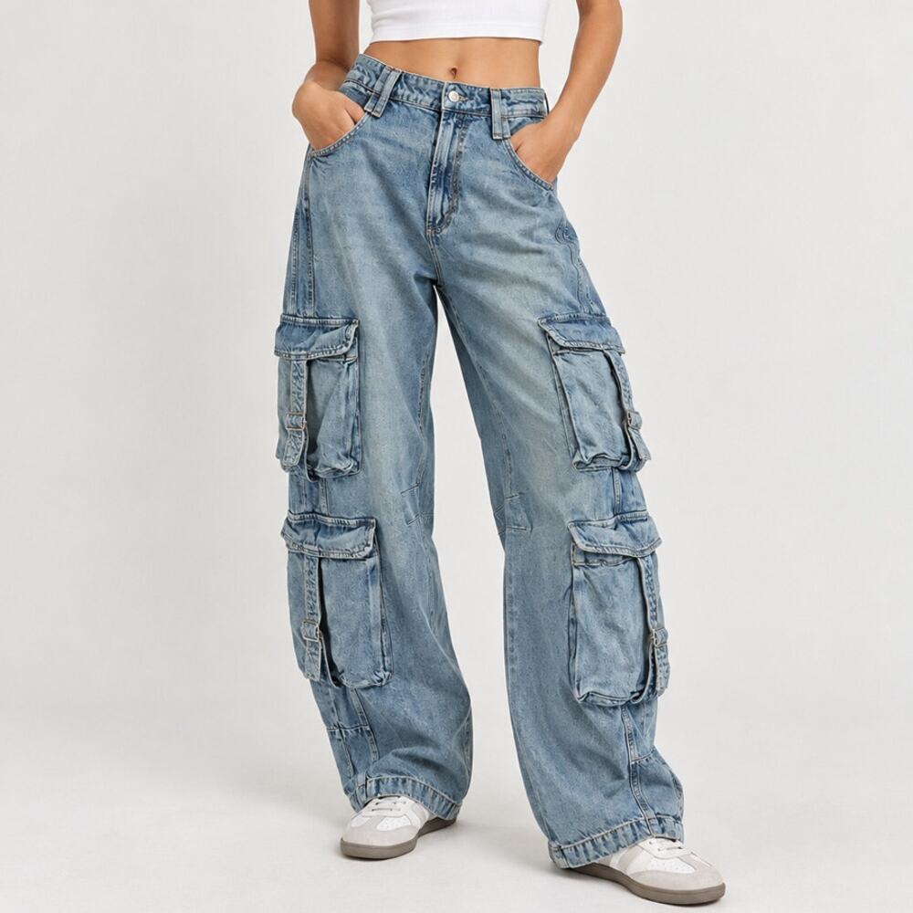 ZARA Barrel Cargo Jeans Medium Wash Size 8